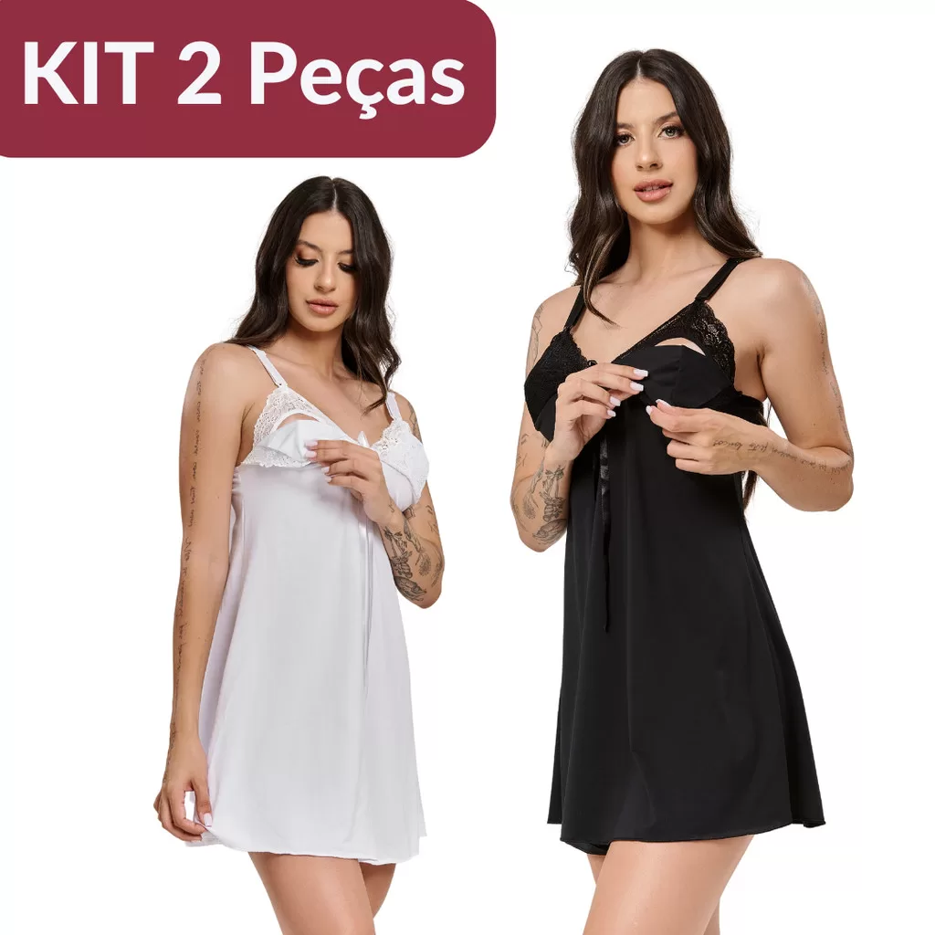 Kit 2 Camisolas Amamentação com Renda | Abertura Fácil, Tecido Leve e Charme no Pós-Parto