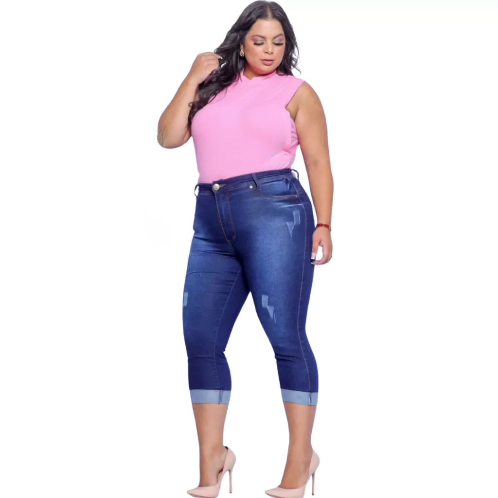 Calça Jeans Capri Feminina Plus Size Cintura Alta Modeladora Levanta Bumbum Conforto Casual