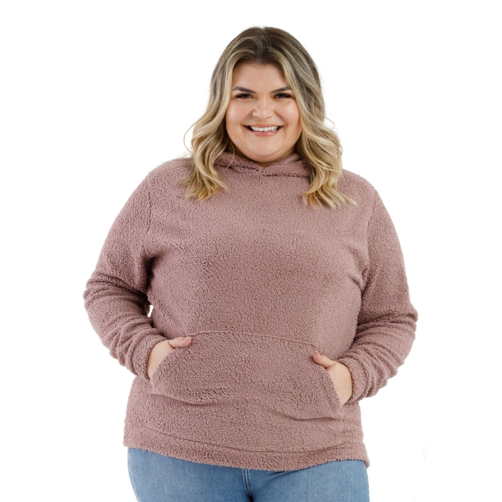 Casaco de Frio Feminino Teddy Carneirinho Capuz e Bolso Quentinho Moda Inverno Plus Size 12825A