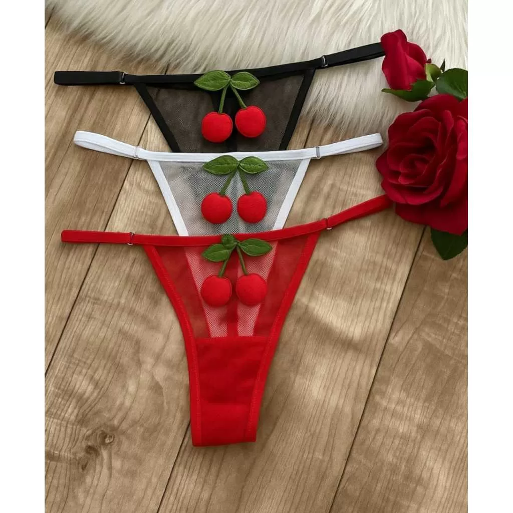 Kit 5 Calcinha Tanga Cerejinha Com Regulagem Lingerie com Tule Fio