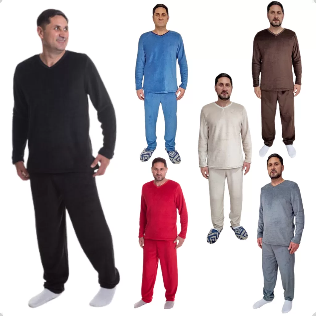 Pijama Masculino Fleece 180g Peluciado Liso Quentinho Gola V para Inverno