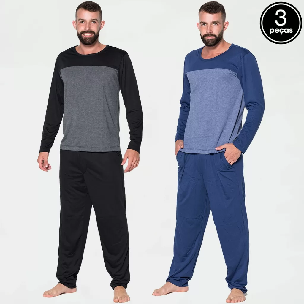 Kit 3 Pijama JSM de Inverno Masculino Longo Bicolor Confortável Comprido Duas Cores Manga Longa