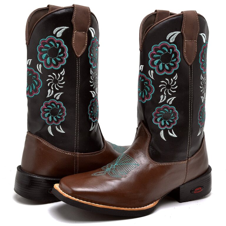 Botas Texana Feminina Café Com Bordado De Floral 