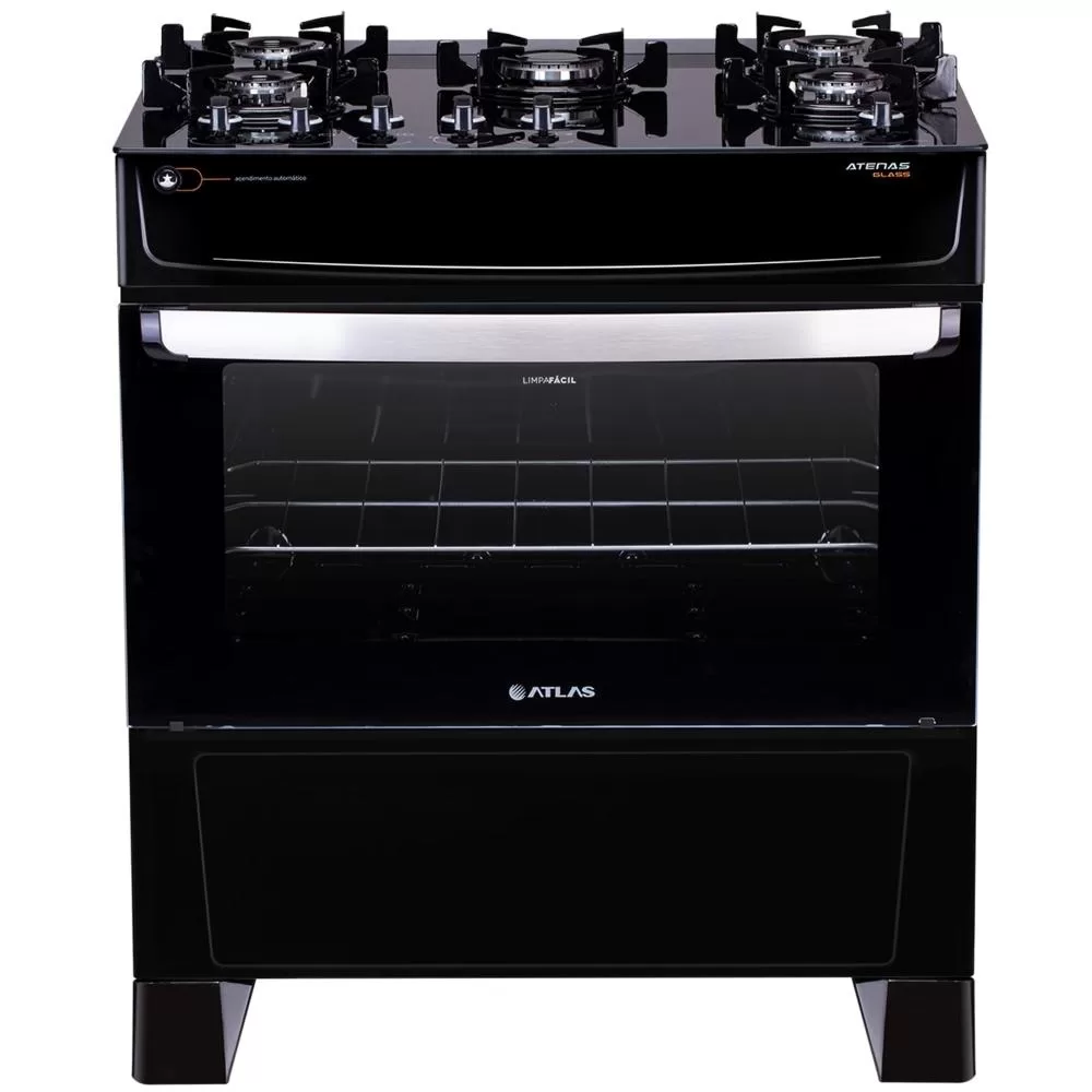 Fogão Atlas 5 Bocas preto Atenas Glass com Acendimento automático – Bivolt