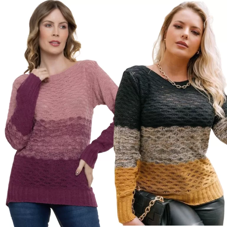 Kit 2 Blusa Tricot Manga Longa Relevo Tricolor