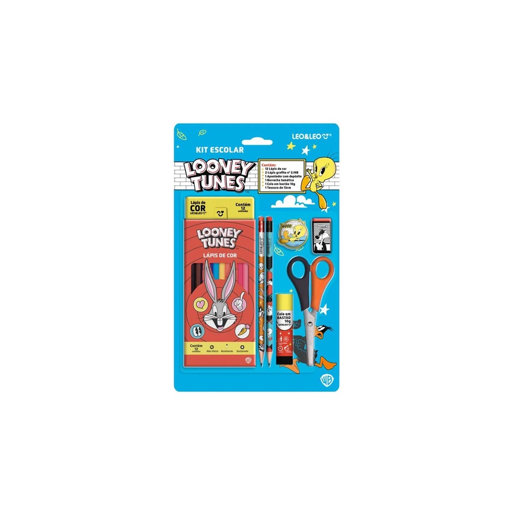 Kit Escolar Looney Tunes – Lápis 12 Cores + 5 Itens -LeoELeo