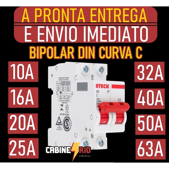 Disjuntor Steck Bipolar Din 10a Ate 63a Curva C