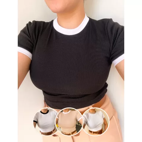 Cropped Canelado Manga Curta Feminino Bicolor Esti