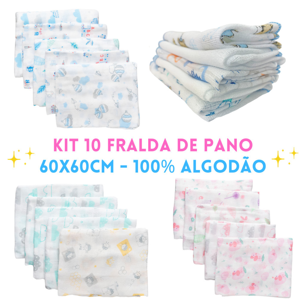 Fraldas de pano kit com 10 unidades 60x60cm 100% algodão Minasrey Bebê Babete Toalinha Babita Paninh