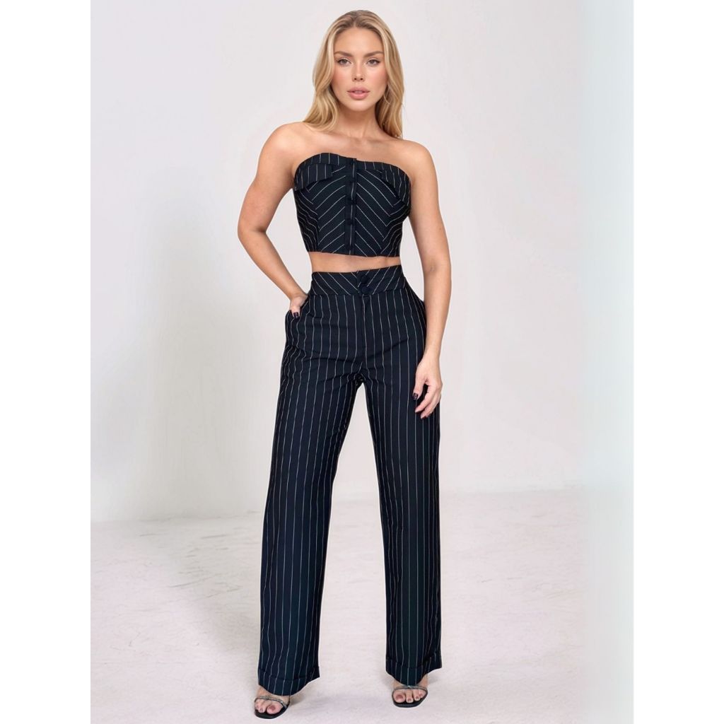 Conjunto Feminino Cropped e Calça Pantalona Listrado Botões Forrados