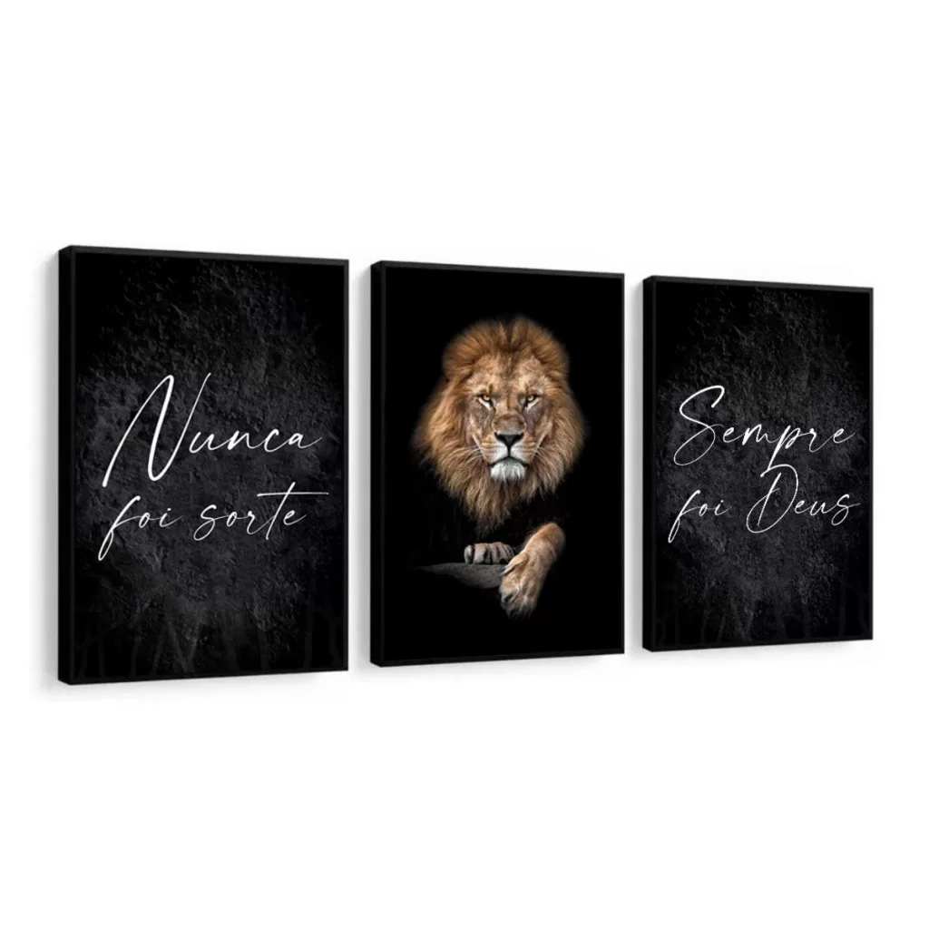 Kit Quadros Decorativos Mosaico 3 Peças Trio Frase Nunca Foi Sorte Sempre Foi Deus Salmo Leão Judá R