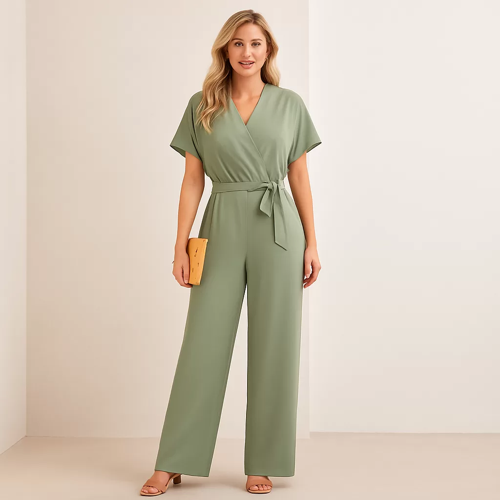 Macacão Longo Manga Curta Social Pantalona Com Amarração