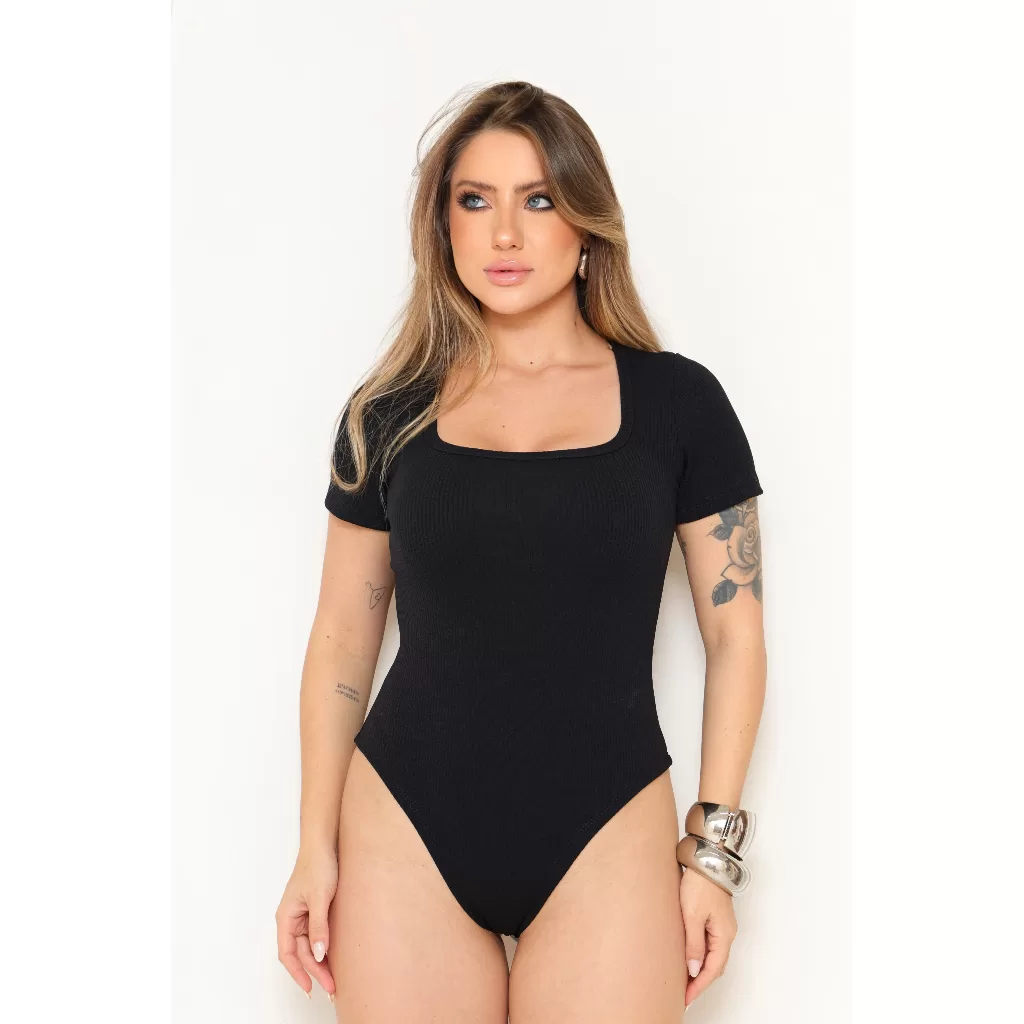 Body Feminino Manga Curta Canelado Decote Quadrado | Tecido Anarruga Premium Tamanho Único 36 ao 44