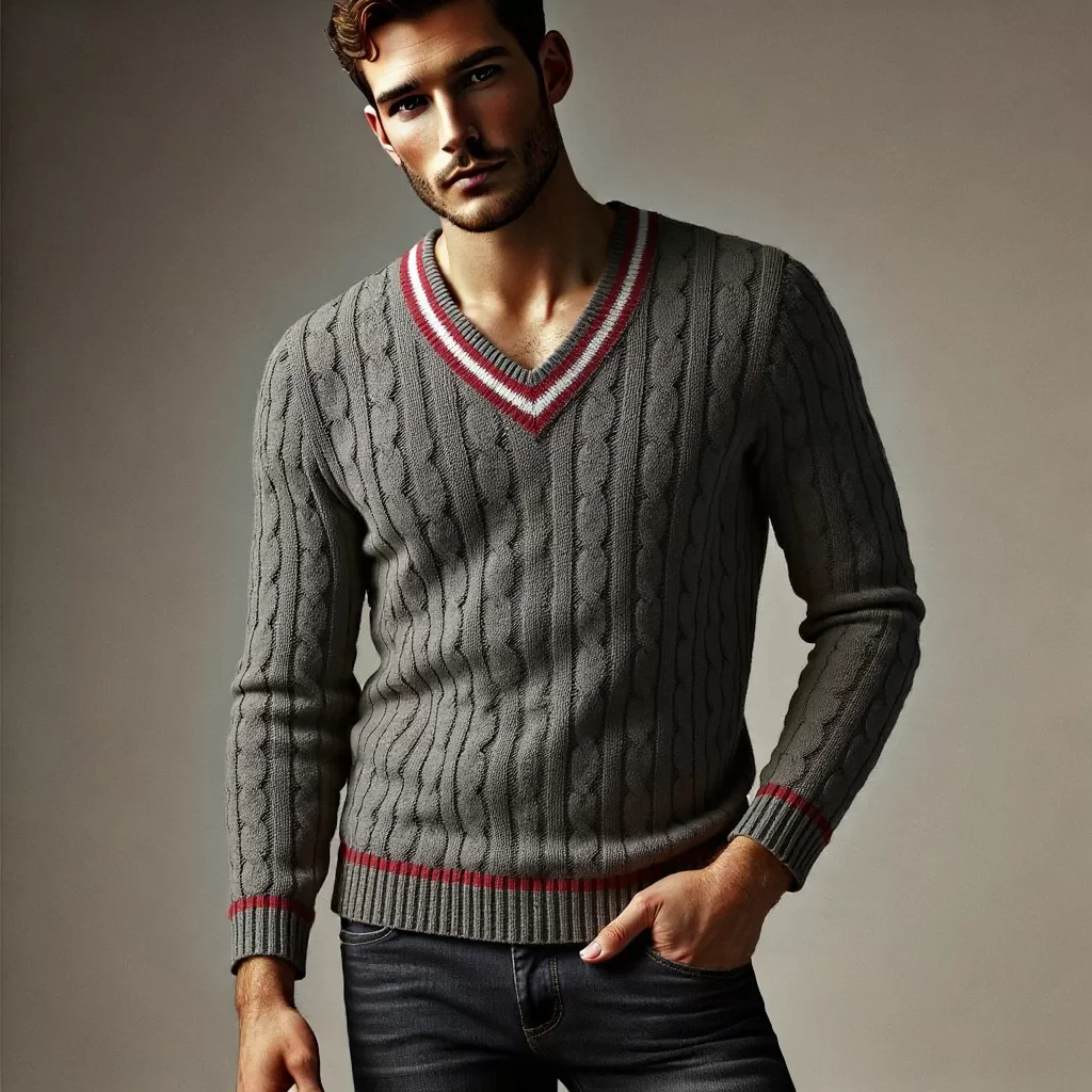 Blusa Sueter Masculina Lã Tricô Trançada Decote V com Listra Inverno Cardigan Frio Look Casual