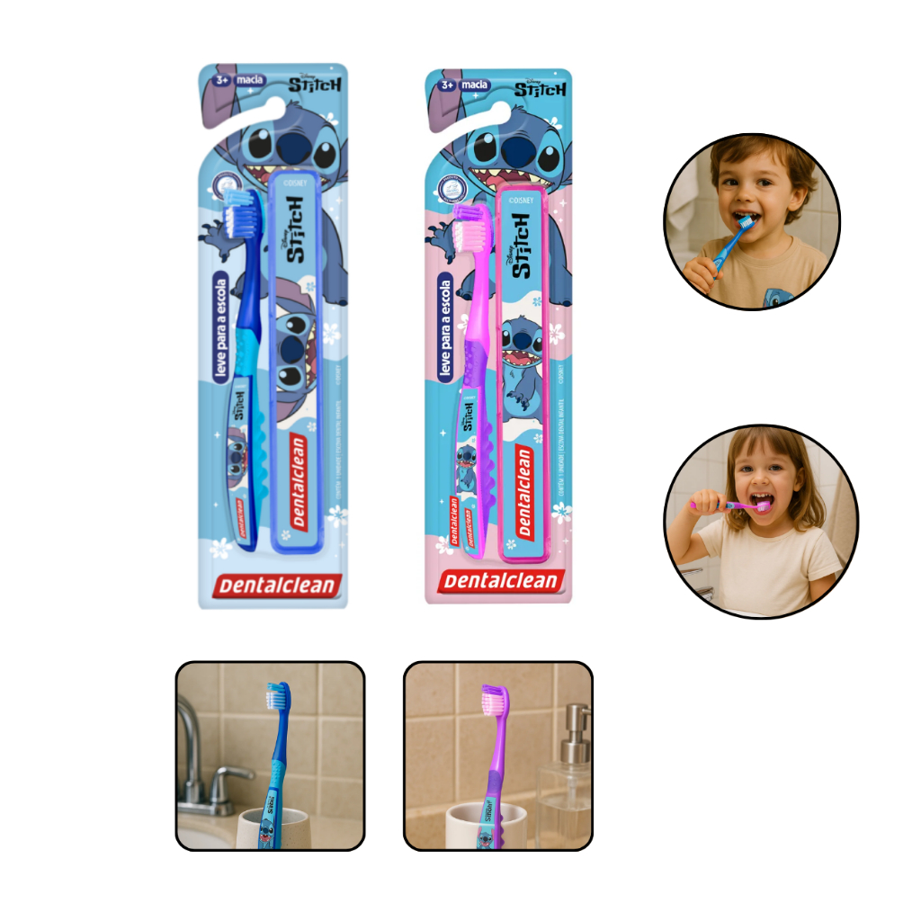 Escova Dental Infantil Stitch Escolar com Estojo Azul ou Rosa