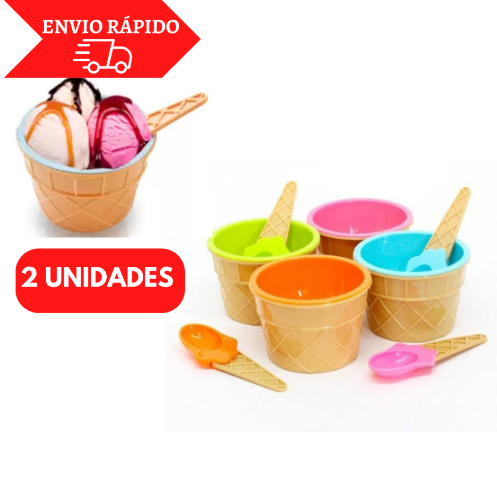 2 Pote Plástico De Sobremesa Tigela 200ML Casquinha De Sorvete + Colher Diversas Cores