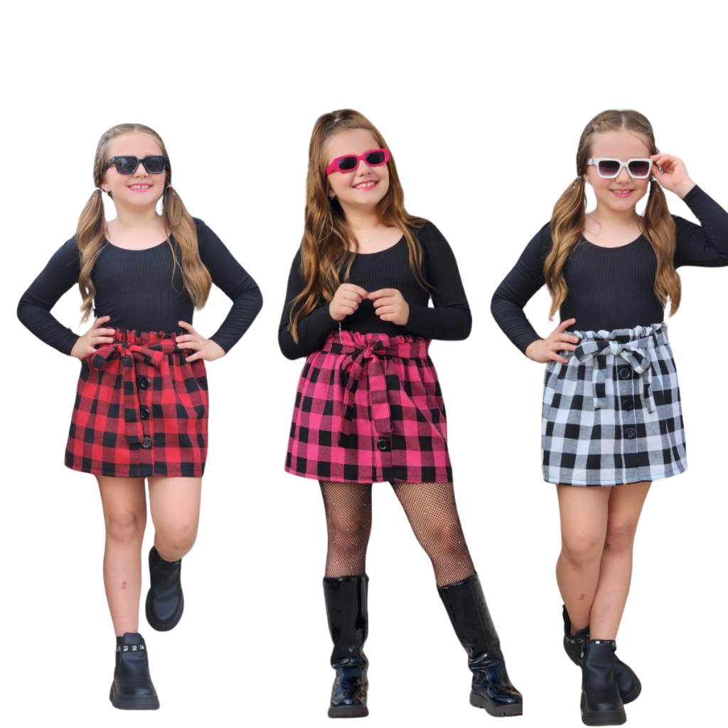 Saia Xadrez Infantil Menina Cintura Alta Moda Festa Junina Eventos Sua Pequena + Diva e Princesa