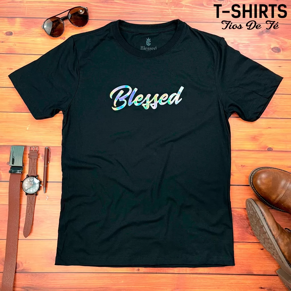 Camisa Masculina Blessed Holográfico Regular Fit Algodão Premium Gospel Cristã Evangélica