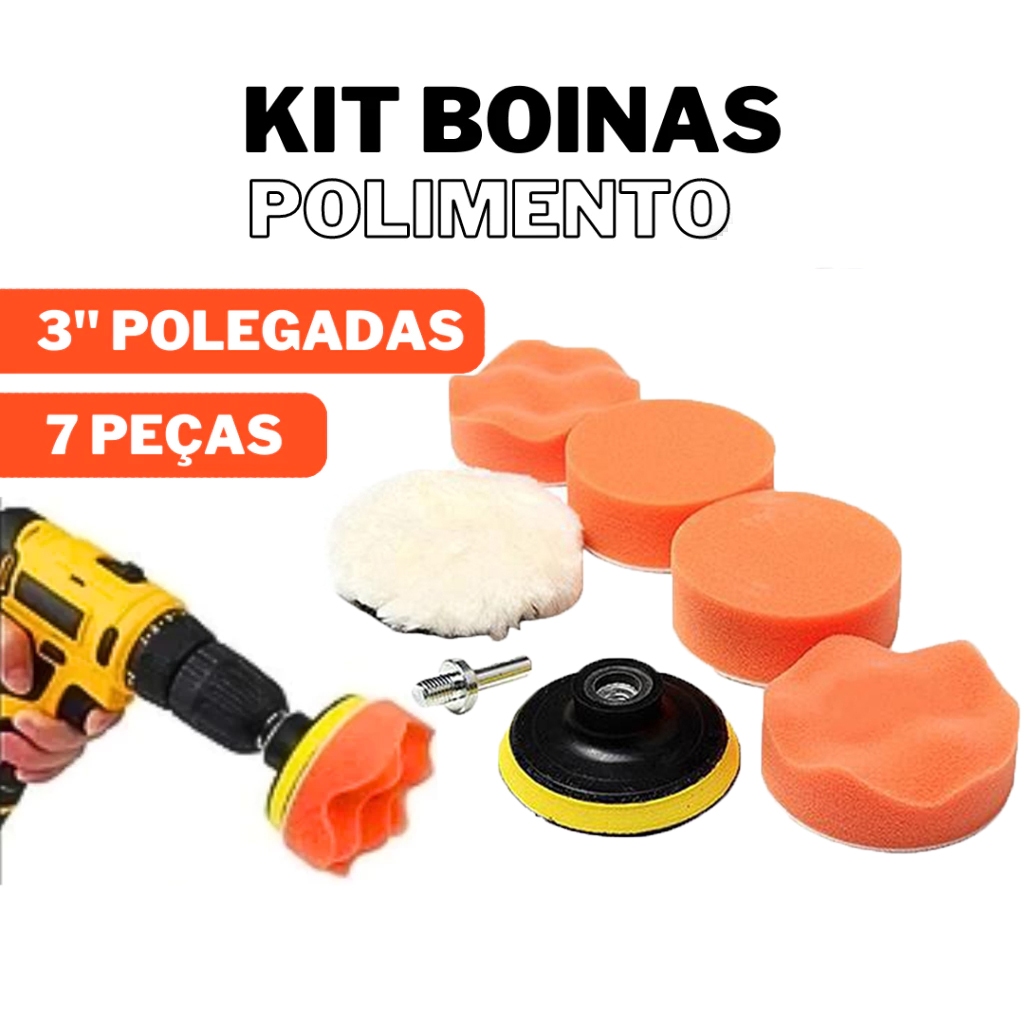 Kit Boina Automotiva Polimento 3 Pol 7 Peças Espuma e Lã Com Suporte Para Furadeira e Parafusadeira