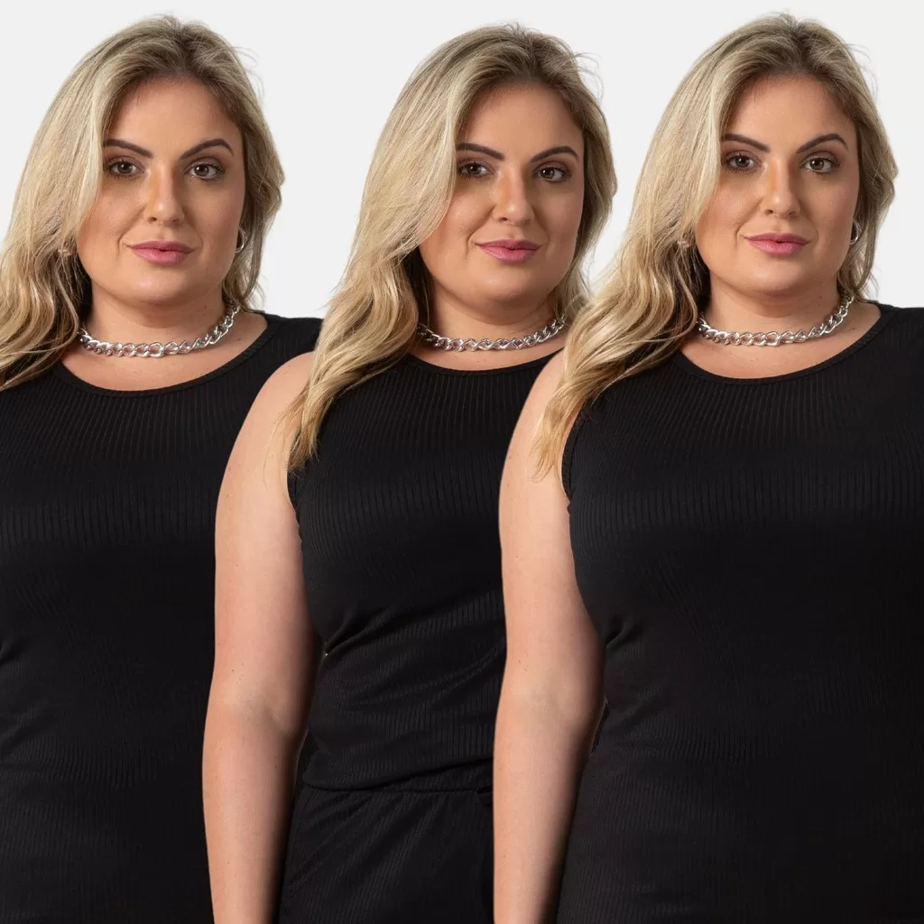 Kit 3 Regata Plus Size Canelada Feminina Estilosa Moderna 1213-K3-C3