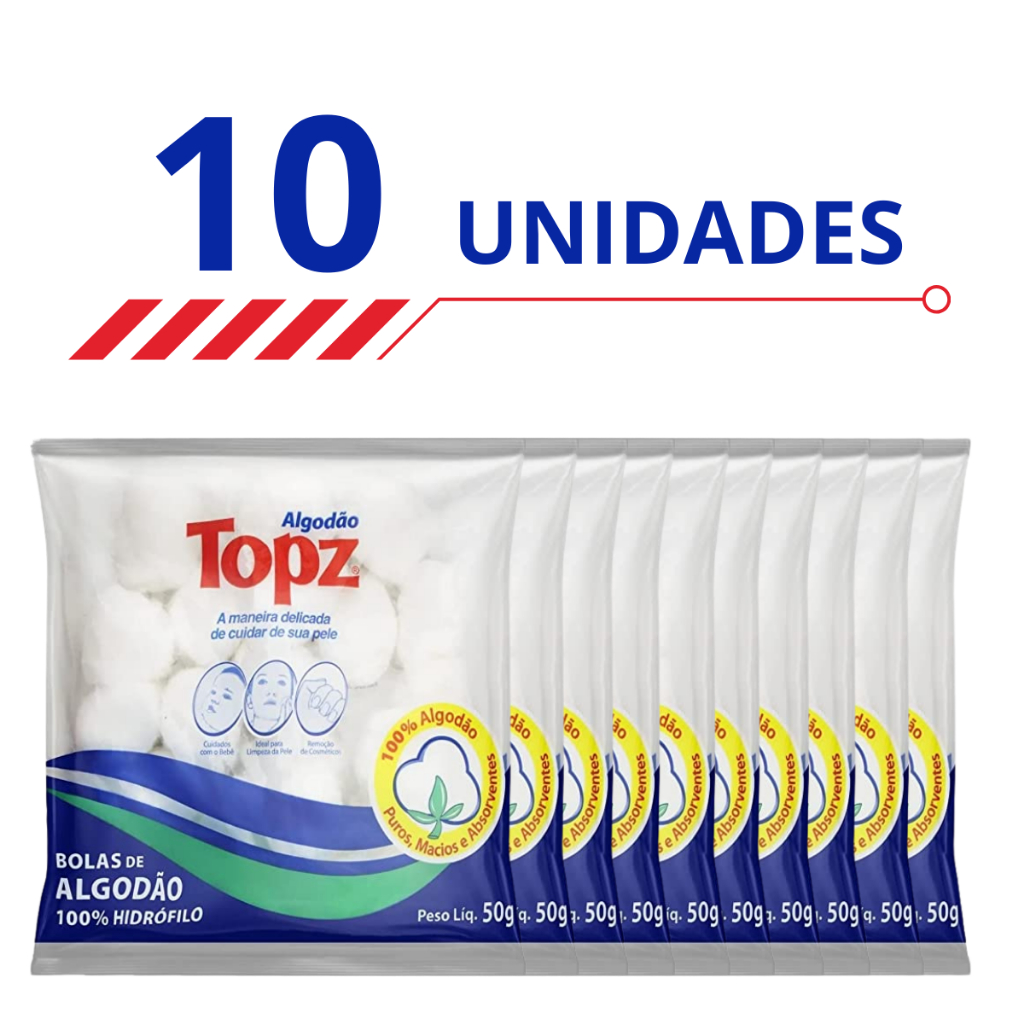 Kit 10 Algodão Topz em Bolas Hidrófilos Puros Macios e Absorventes 50g
