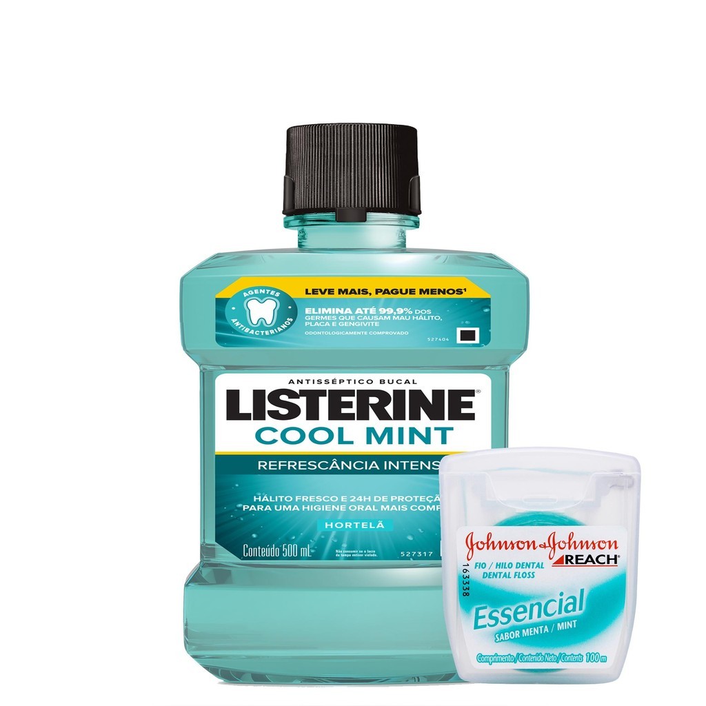 Kit Enxaguante Bucal Listerine Cool Mint Leve 500ml e Pague 350ml + Fio Dental JEJ Reach Essencial M