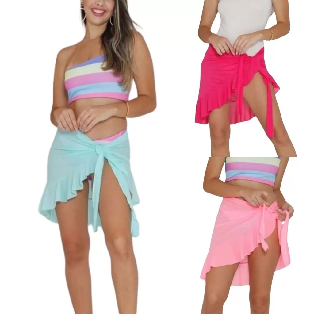 Saída Curta de Praia Saia Amarração Verão Feminino Babado