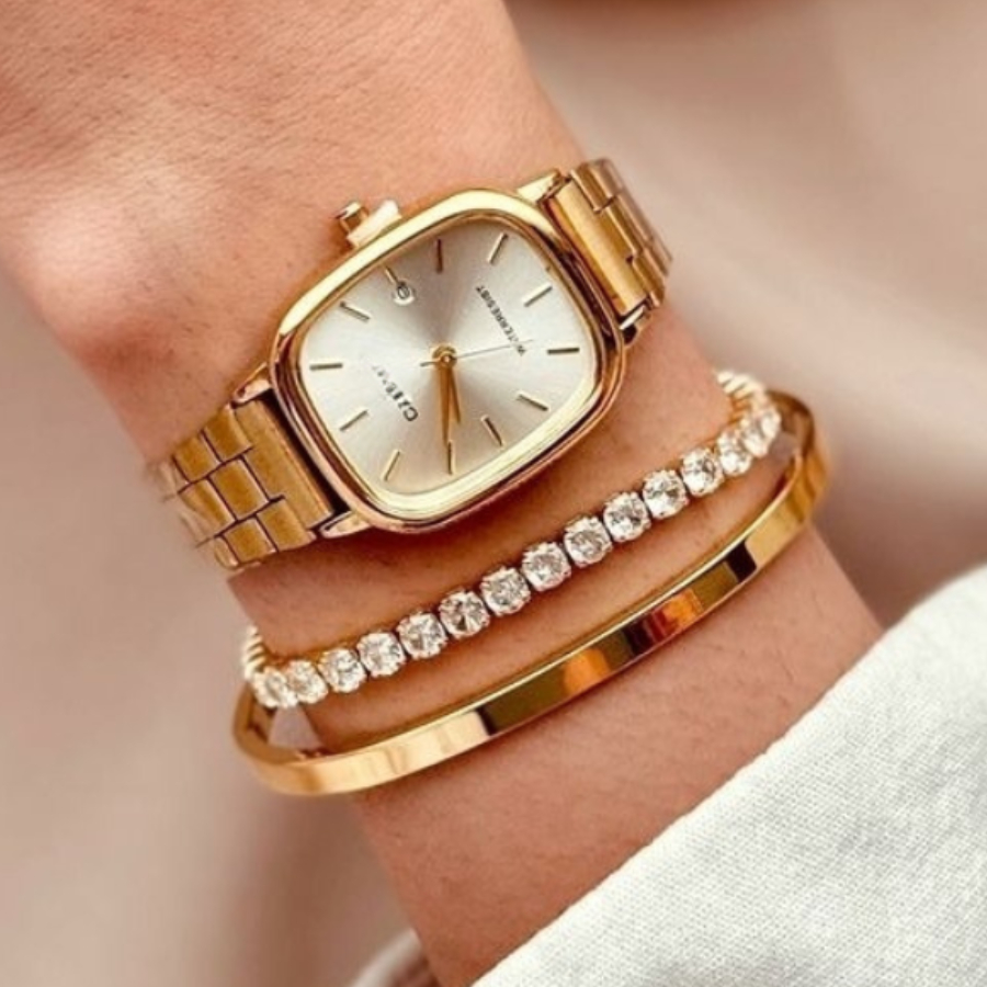 Conjunto Relógio Feminino Bracelete e Pulseira Aço Inoxidável Dourado Resistente a Água Kit relogio