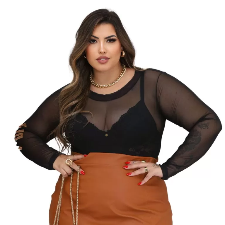 Body Plus Size Tule Manga Longa Transparência Zeb