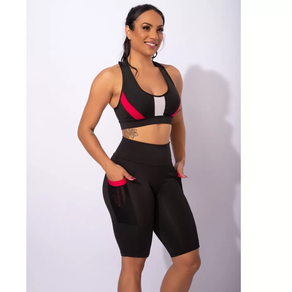 Conjunto Feminino Fitness Bermuda Ciclista Cintura Alta Com Bolso Tela E Top Nadador Tela Frontal Ac