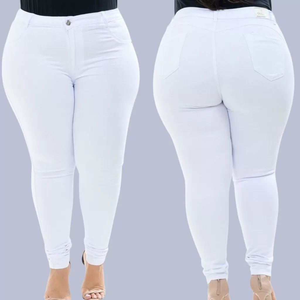 Calça Jeans Branca Plus Size Levanta Bumbum Com Lycra