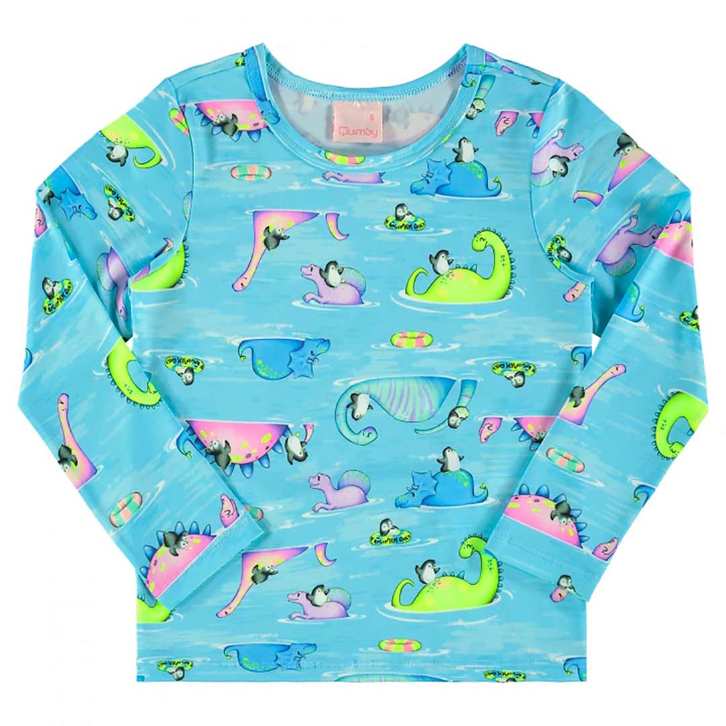 Blusa Manga Longa Infantil Feminina com Proteção UV Azul Dinossauro Quimby Conforto