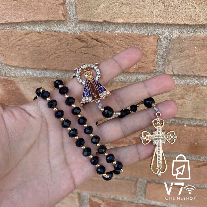 Terço De Cristal Preto Nossa Senhora Aparecida Personalizada com Cruz de Cristal / com Pedras para P