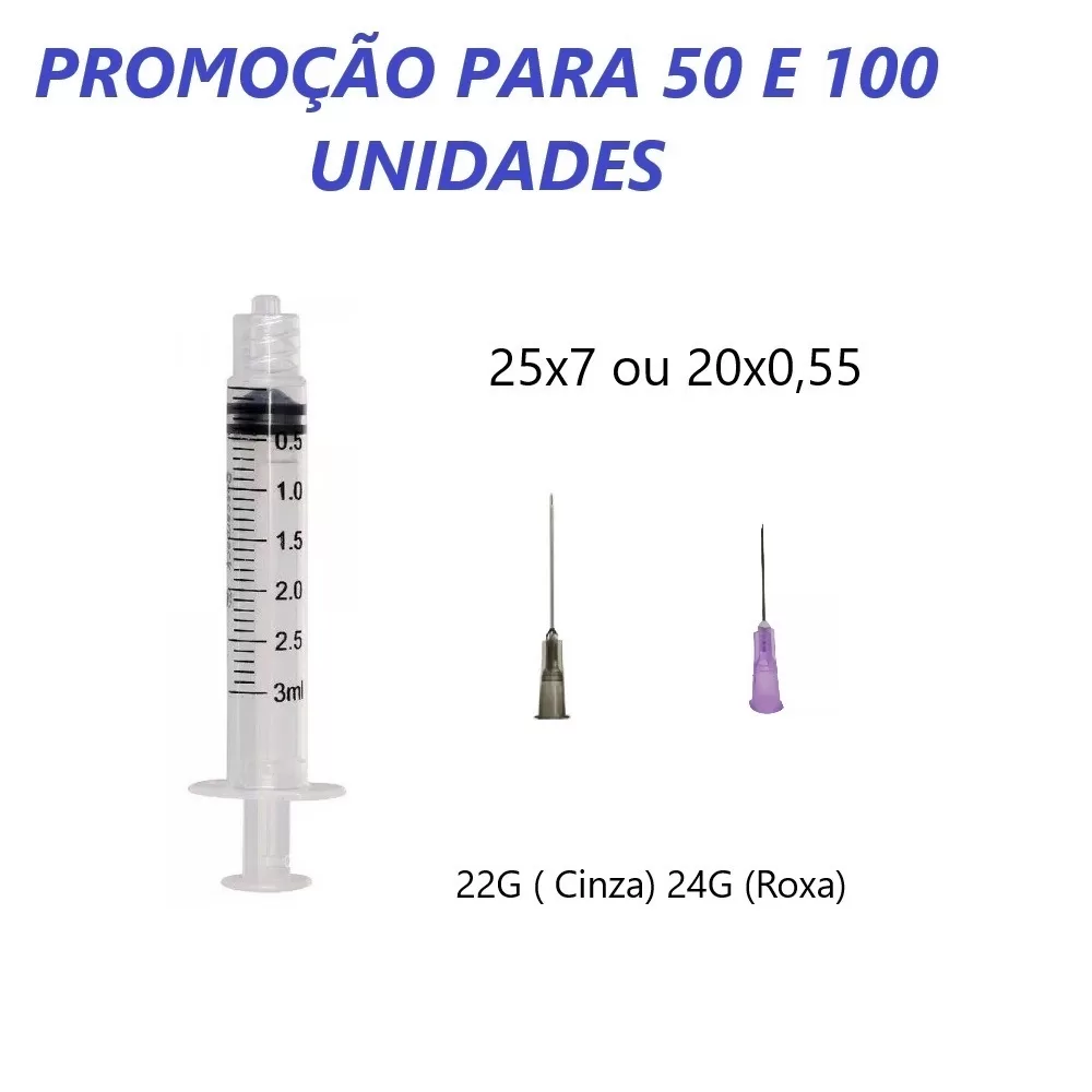 50 / 100 Unidades de Seringa de 3ml Luer Lock (Rosca) com agulha com 25×7 (Cinza/ Preta) ou 20×55 (R