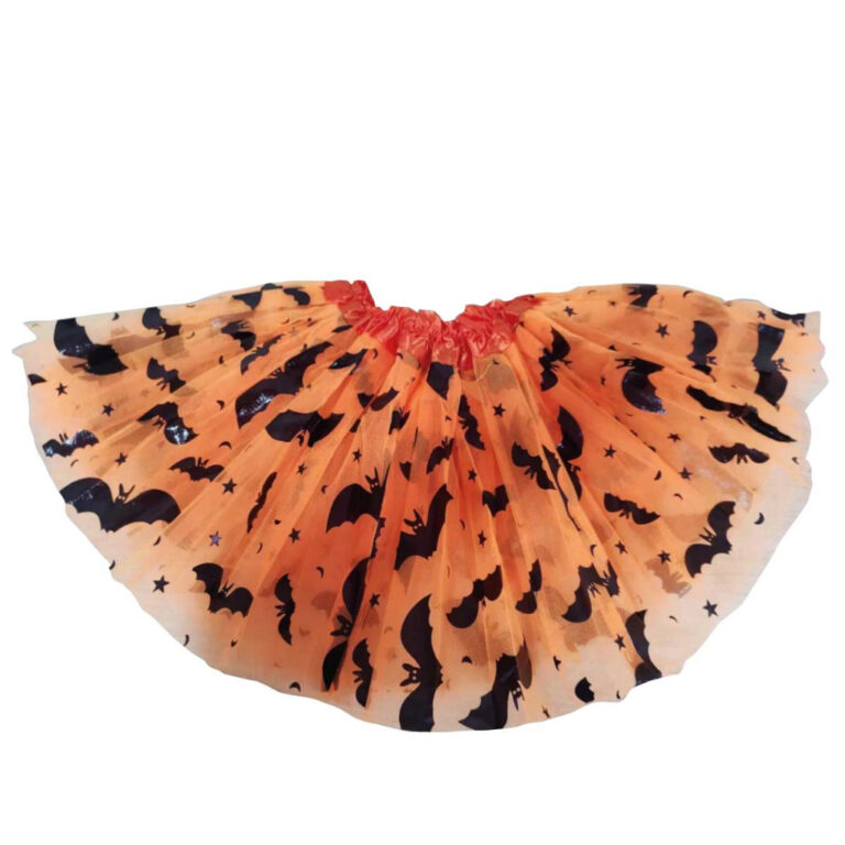 Saia Tule Halloween Laranja Com Estampa Morcegos