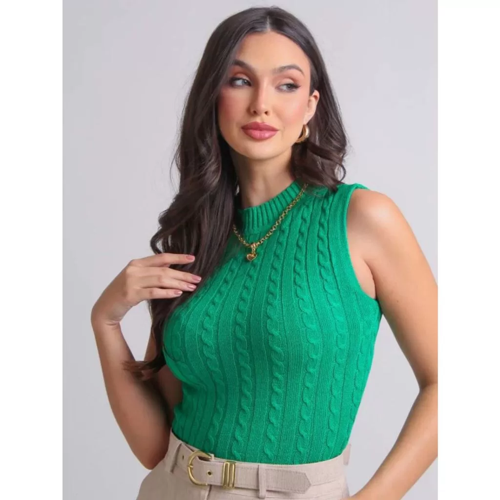 Regata Feminina Tricot Gola Redonda Casual Elegante Versátil Básica Dia a Dia