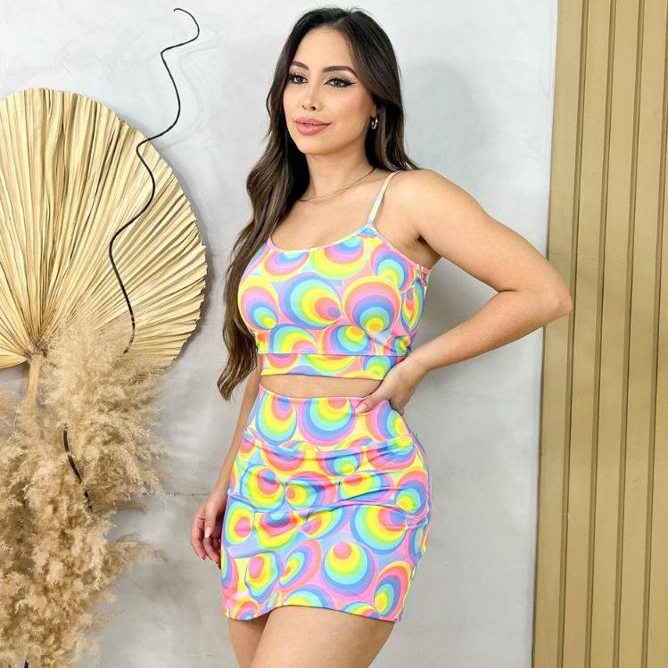 Conjunto 2 Peças Top Alça Fina e Short Saia Malh