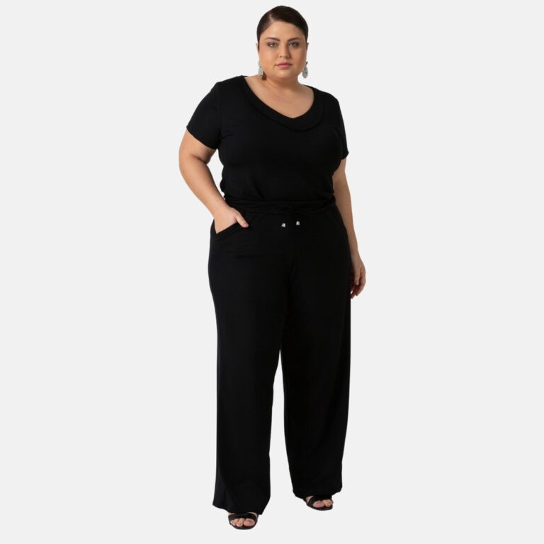 Conjunto Calça Pantalona e Blusa Decote V Moletin