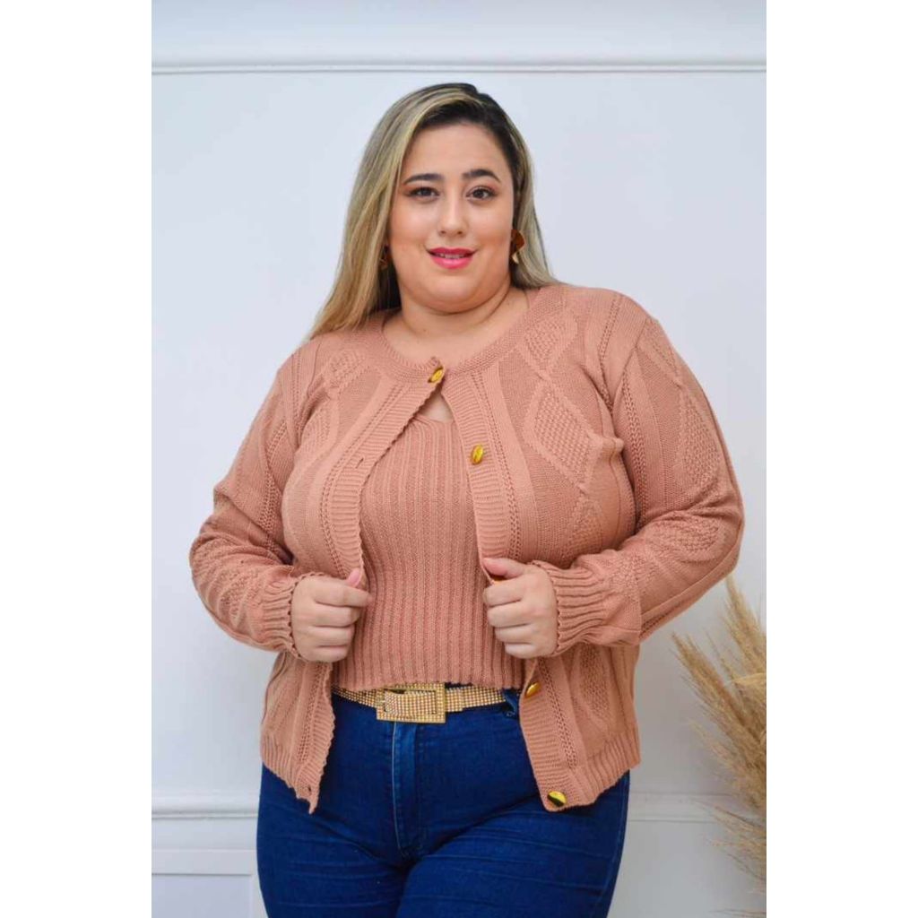 Conjunto Casaco Feminino Plus Size Tricô Inverno Cardigan de Frio com Botões Losango + Regata Tricot
