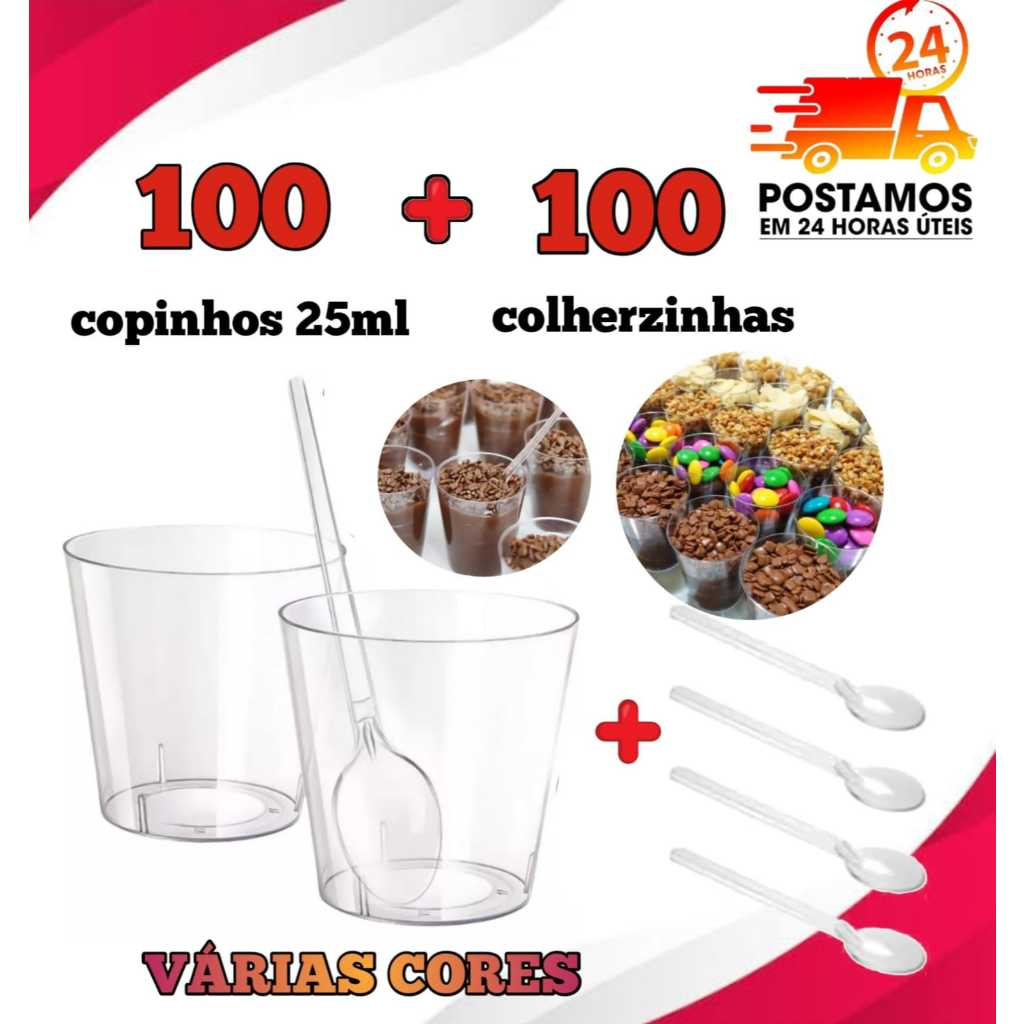 KIT 20/50/100/200/300 COPINHO 25 ML BRIGADEIRO ACRÍLICO + 100 MINI COLHER