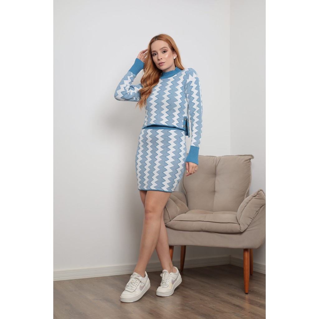 Conjunto Tricot Feminino Inverno Modal com Detalhe de Botões Moda Blogueirinha