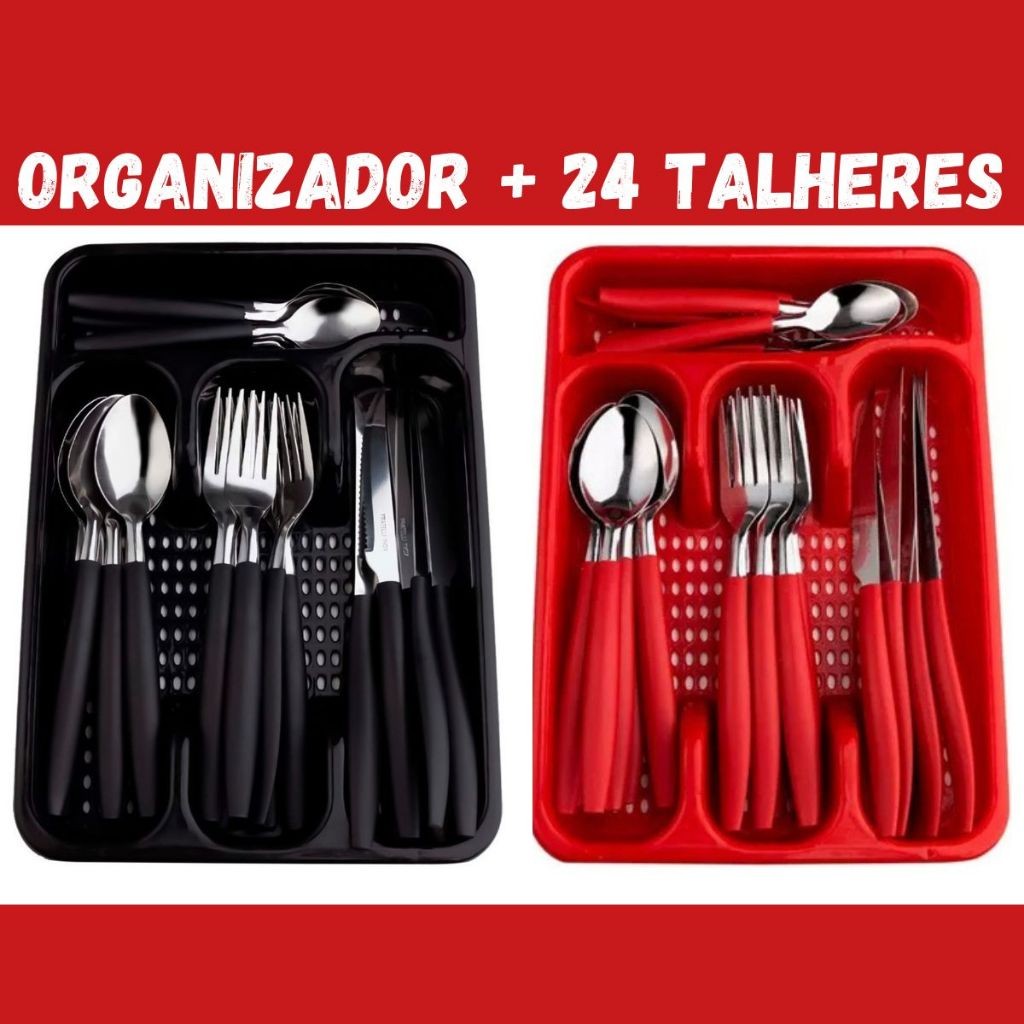 Jogo de Talheres 25 Peças Cabo de Plástico Aço Inox Conjunto Faqueiro com Porta Garfos Facas e Colhe