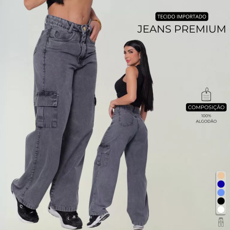 Calça Cargo Grafite Cinza Jeans Premium Feminino 