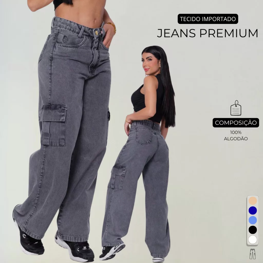 Calça Jeans Cargo Grafite Cinza Premium Feminino Com Bolsos Laterais Perna Larga 34 ao 44