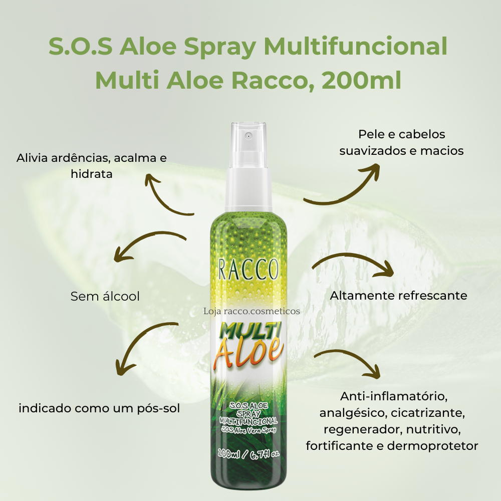 SOS SPRAY MULTIFUNCIONAL USO PELE CABELO PÓS SOL PÓS DEPILAÇÃO ALOE BABOSA RACCO CICATRIZANTE 200ML