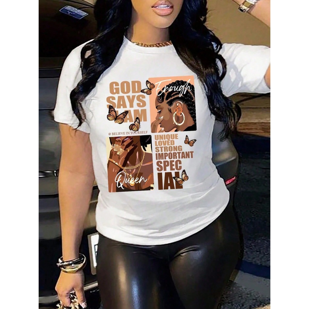 TSHIRT CAMISETA FEMININA ESTAMPADA RETRÔ AFRO GOSPEL DEUS DIZ QUE SOU O SUFICIENTE, ÚNICA, AMADA, FO