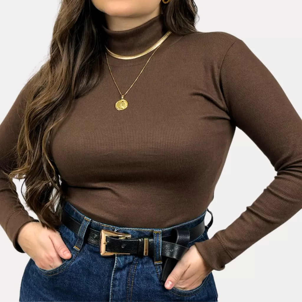 Blusa Feminina Manga Longa Cacharrel Confortável Básico Gola Alta Canelada