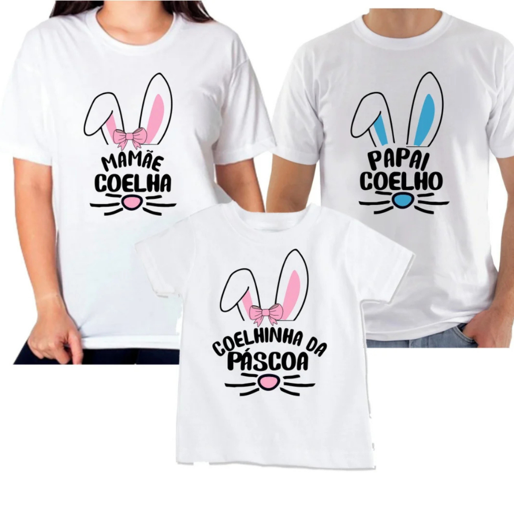 Kit Familia de 3 camisetas com tema Pascoa, algodão premium menina menino do 2 ao GG