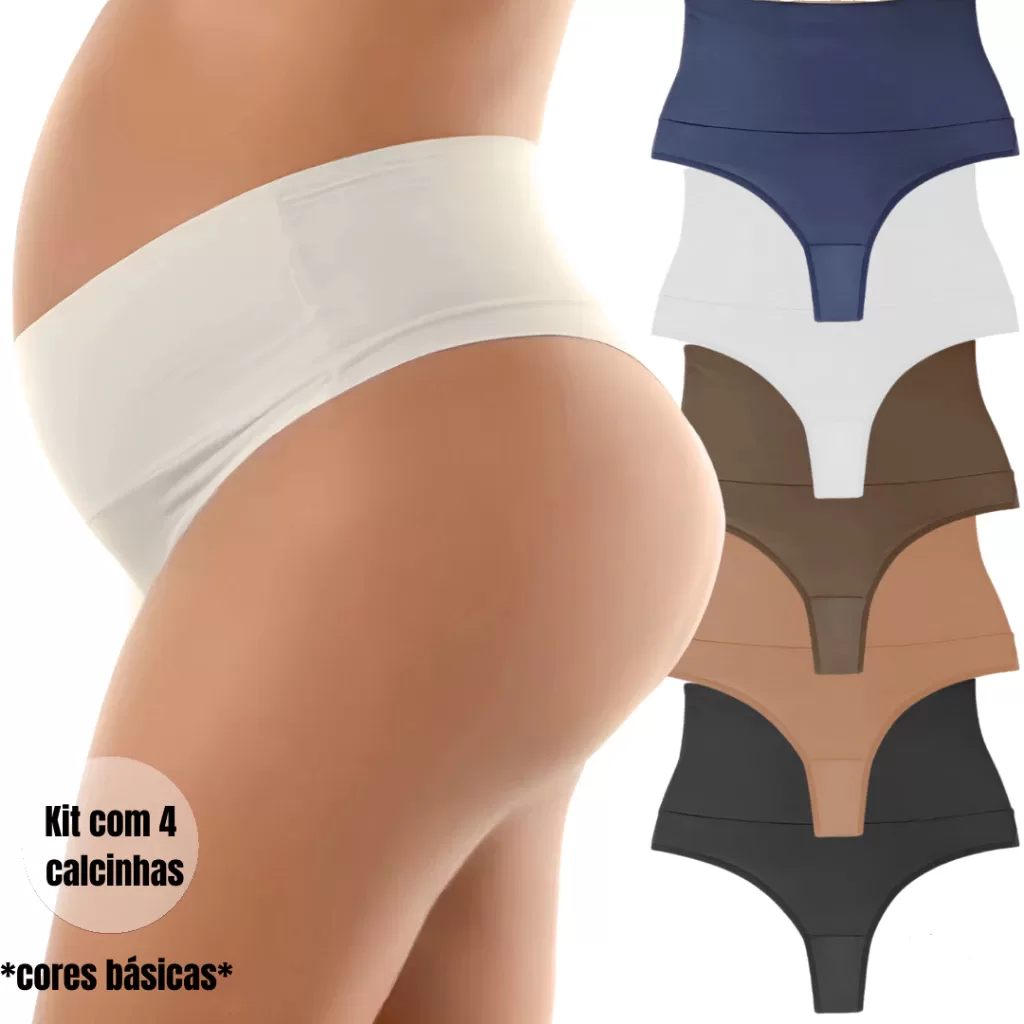 Kit 4 Calcinhas Cós Alto Gestante Grávida Pós Parto Fio Duplo Não Marca CORES BÁSICAS