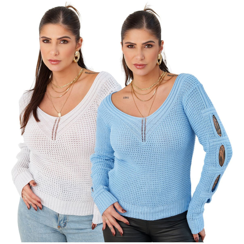 Kit 2 Blusa Feminina Tricot Manga Longa Frio Moda Inverno